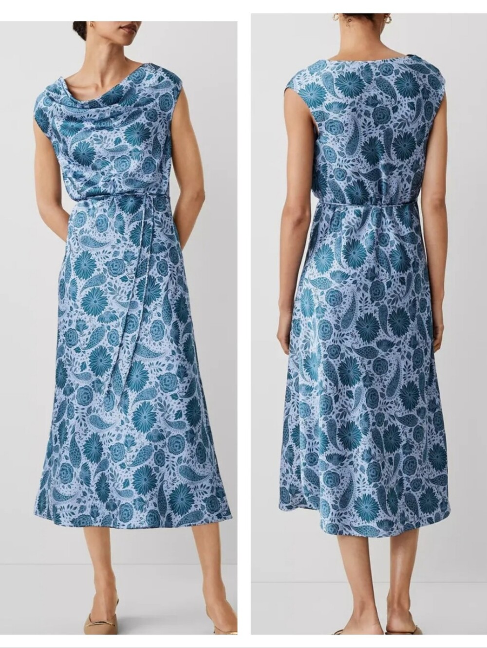 Ann Taylor Cowl Neck Flare Midi Dress blue floral paisley print Size 14 Bias Cut